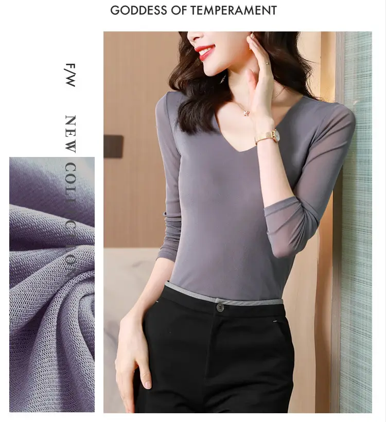 Women V-Neck Mesh T-Shirt Grey Early Spring — feature 13