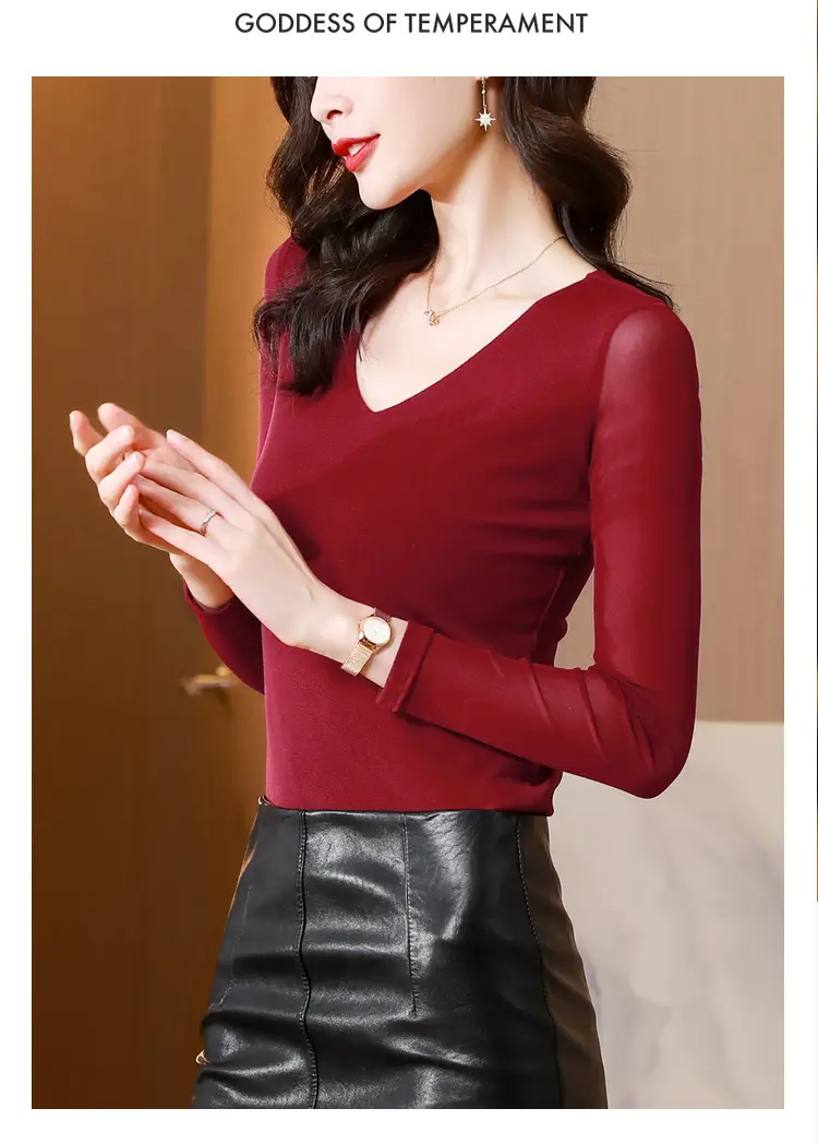 Women V-Neck Mesh T-Shirt Grey Early Spring — feature 16