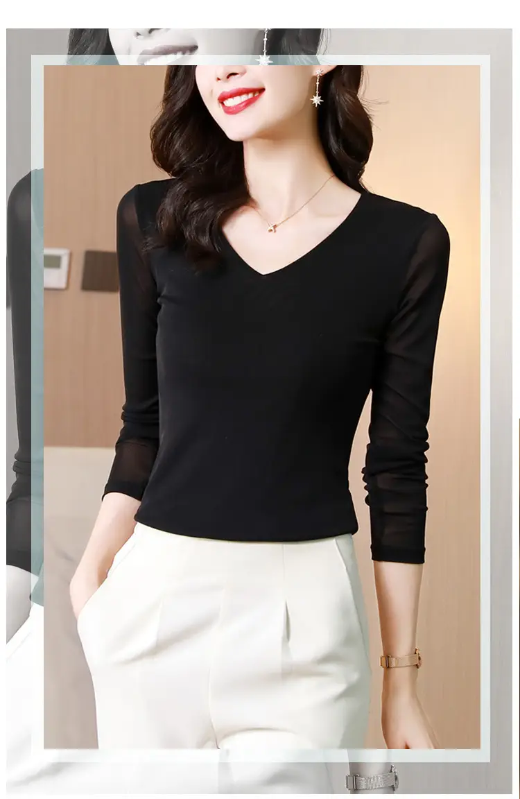Women V-Neck Mesh T-Shirt Grey Early Spring — feature 18