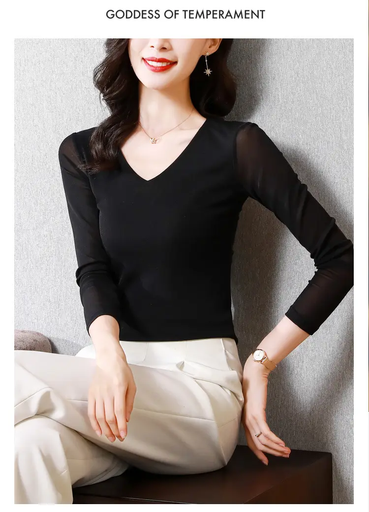 Women V-Neck Mesh T-Shirt Grey Early Spring — feature 19