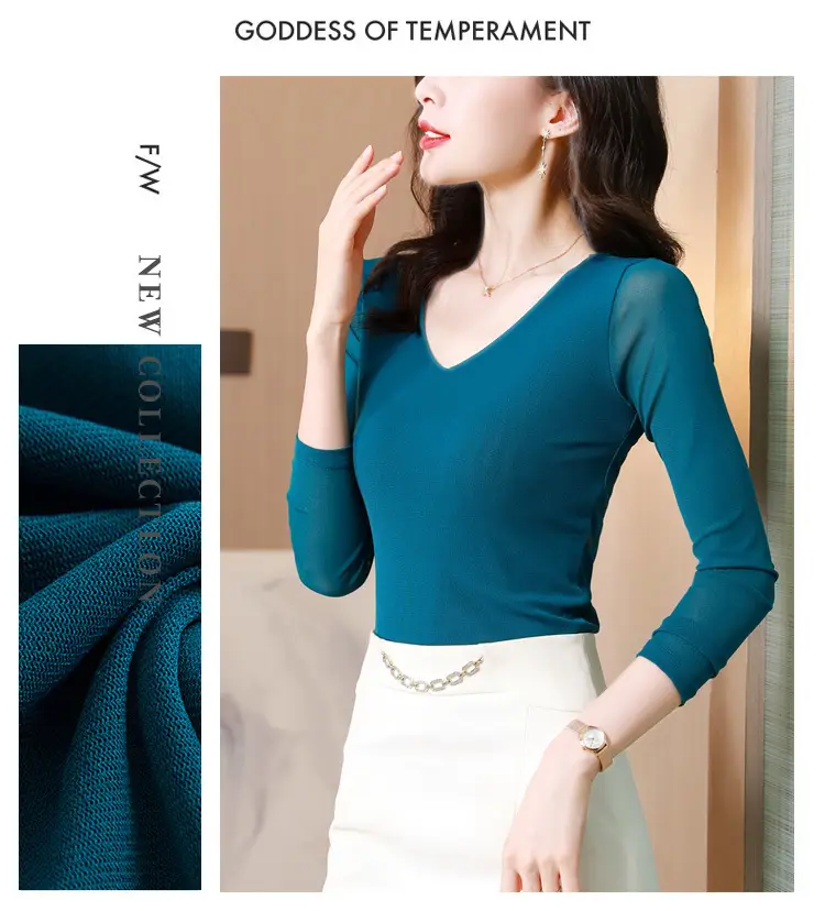 Women V-Neck Mesh T-Shirt Grey Early Spring — feature 22