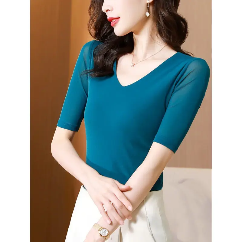 Women V-Neck Mesh T-Shirt Grey Early Spring