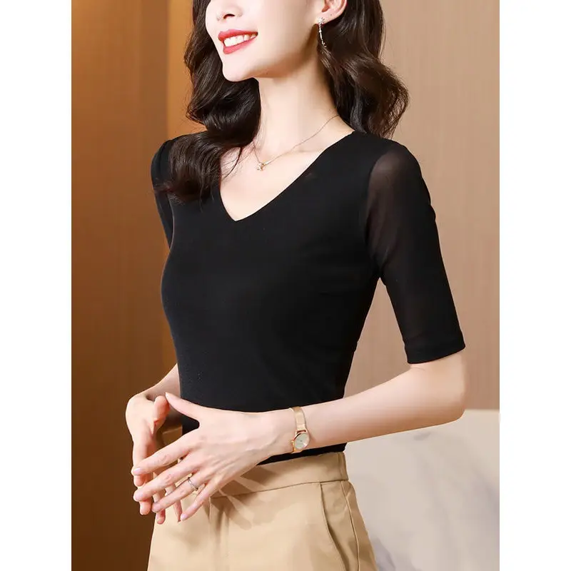 Women V-Neck Mesh T-Shirt Grey Early Spring
