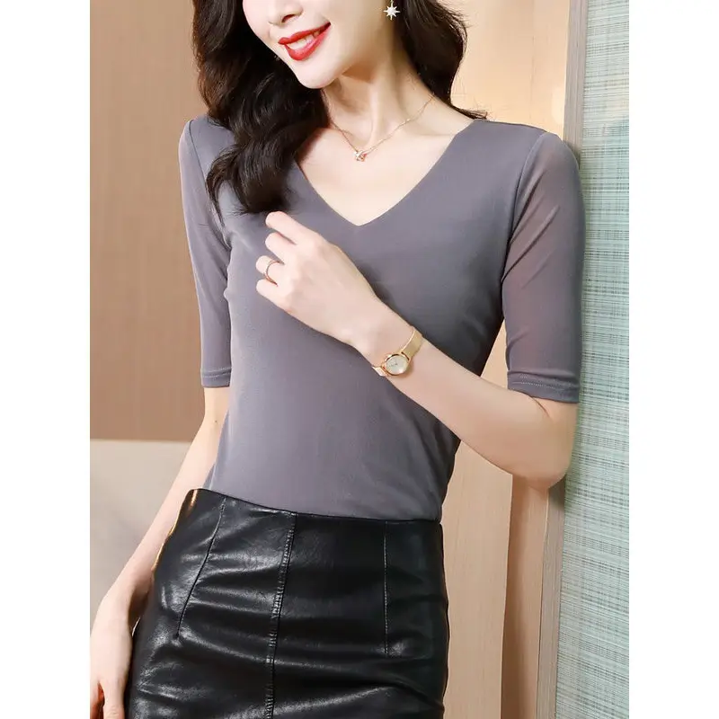 Women V-Neck Mesh T-Shirt Grey Early Spring