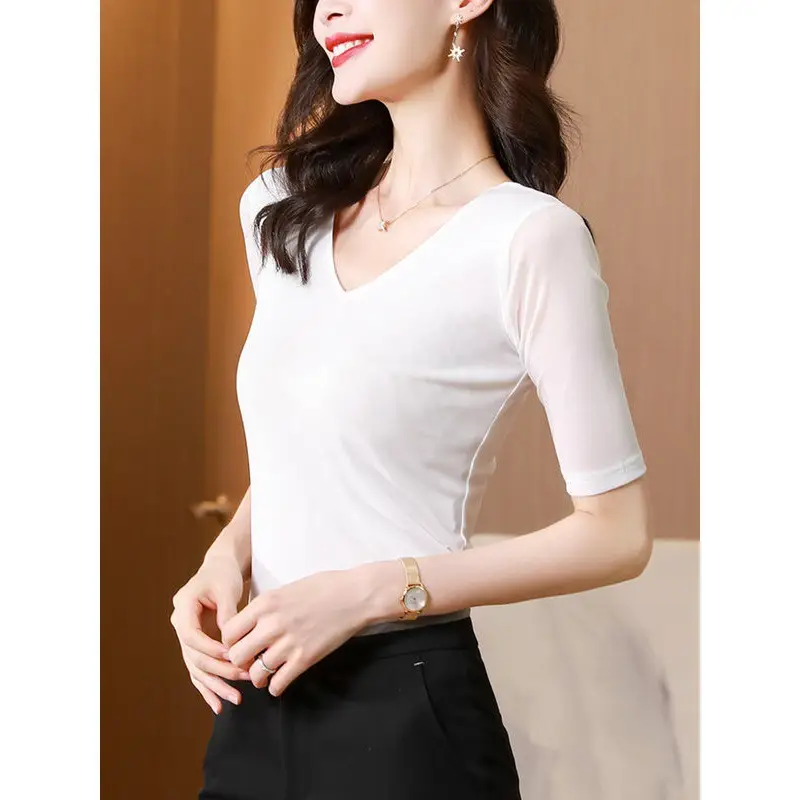 Women V-Neck Mesh T-Shirt Grey Early Spring