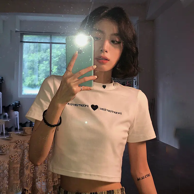Women 2025 Short T-Shirt White Embroidered Slim Fit - Image 4