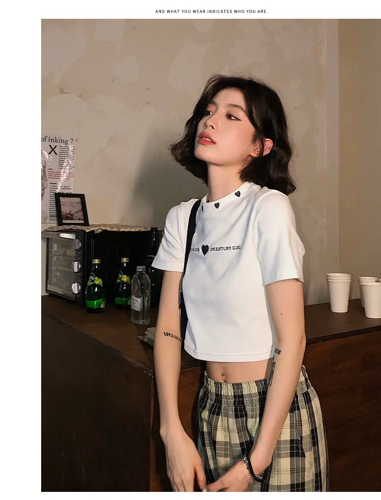 Women 2025 Short T-Shirt White Embroidered Slim Fit — feature 10