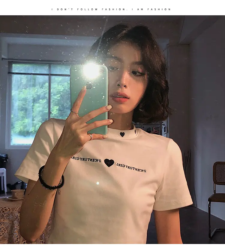 Women 2025 Short T-Shirt White Embroidered Slim Fit — feature 11