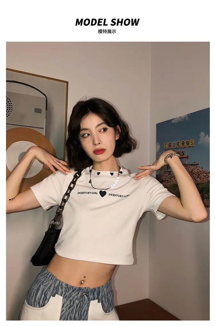 Women 2025 Short T-Shirt White Embroidered Slim Fit — feature 4