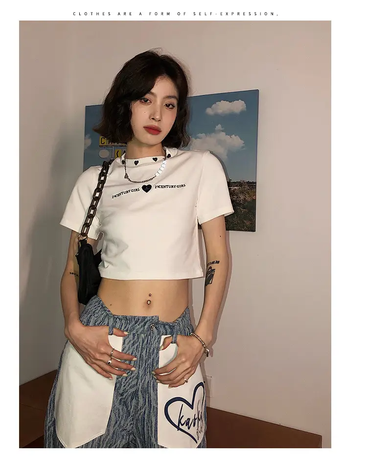 Women 2025 Short T-Shirt White Embroidered Slim Fit — feature 6