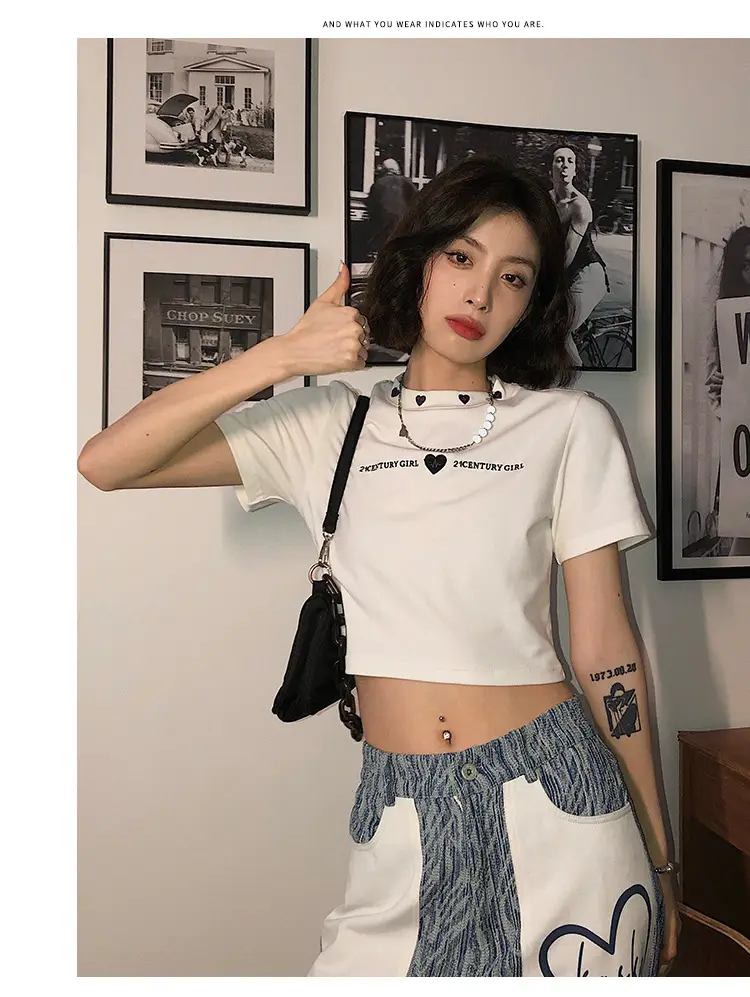 Women 2025 Short T-Shirt White Embroidered Slim Fit — feature 7