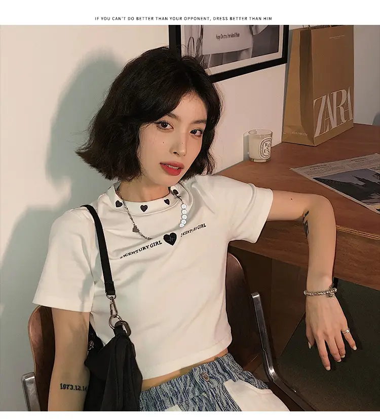 Women 2025 Short T-Shirt White Embroidered Slim Fit — feature 8