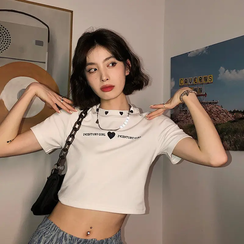 Women 2025 Short T-Shirt White Embroidered Slim Fit - Image 2