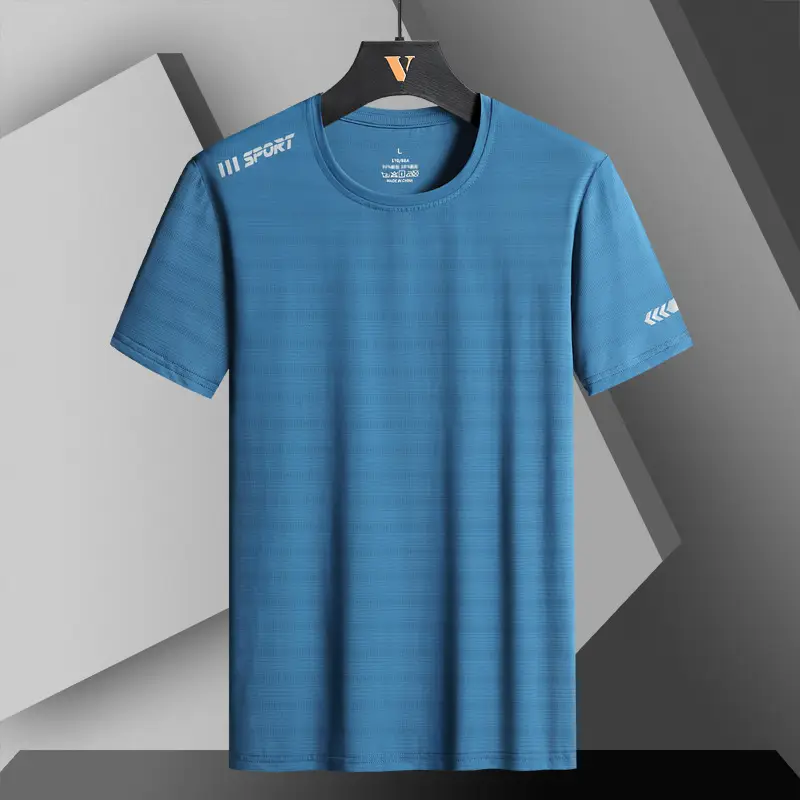 Men Blue Ice Silk T-Shirt Short Sleeve - Image 4
