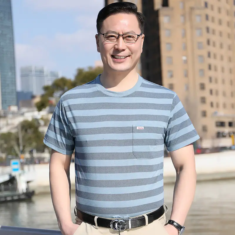 Men Striped Ice Silk T-Shirt 40-50Yrs Wholesale - Image 3