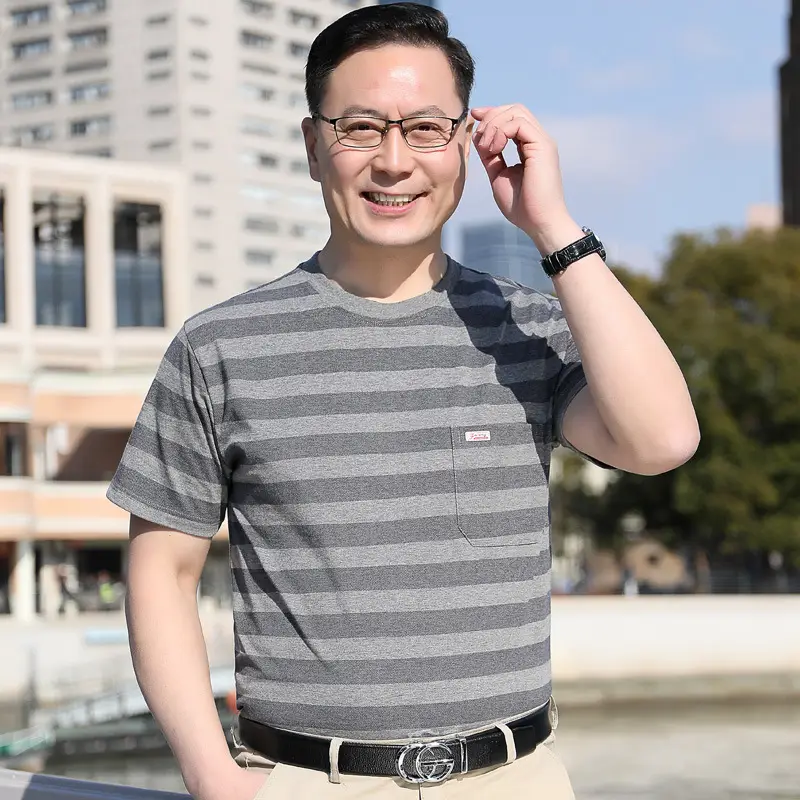 Men Striped Ice Silk T-Shirt 40-50Yrs Wholesale - Image 4
