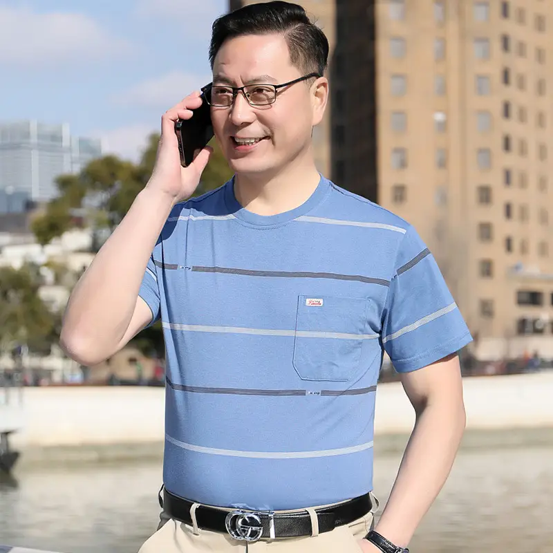 Men Striped Ice Silk T-Shirt 40-50Yrs Wholesale - Image 5