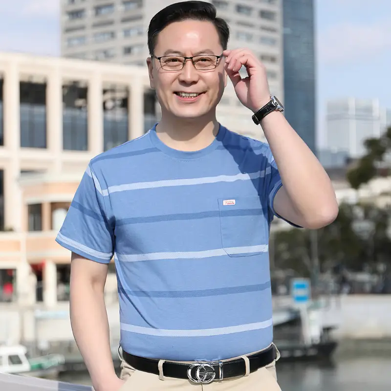Men Striped Ice Silk T-Shirt 40-50Yrs Wholesale - Image 9