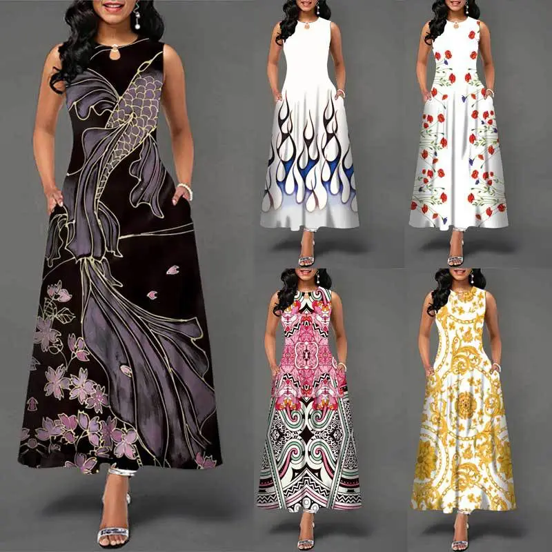 Black Digital Print Sleeveless Swing Dress for Women - Image 16