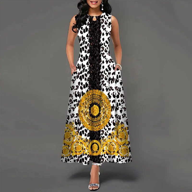 Black Digital Print Sleeveless Swing Dress for Women - Image 15