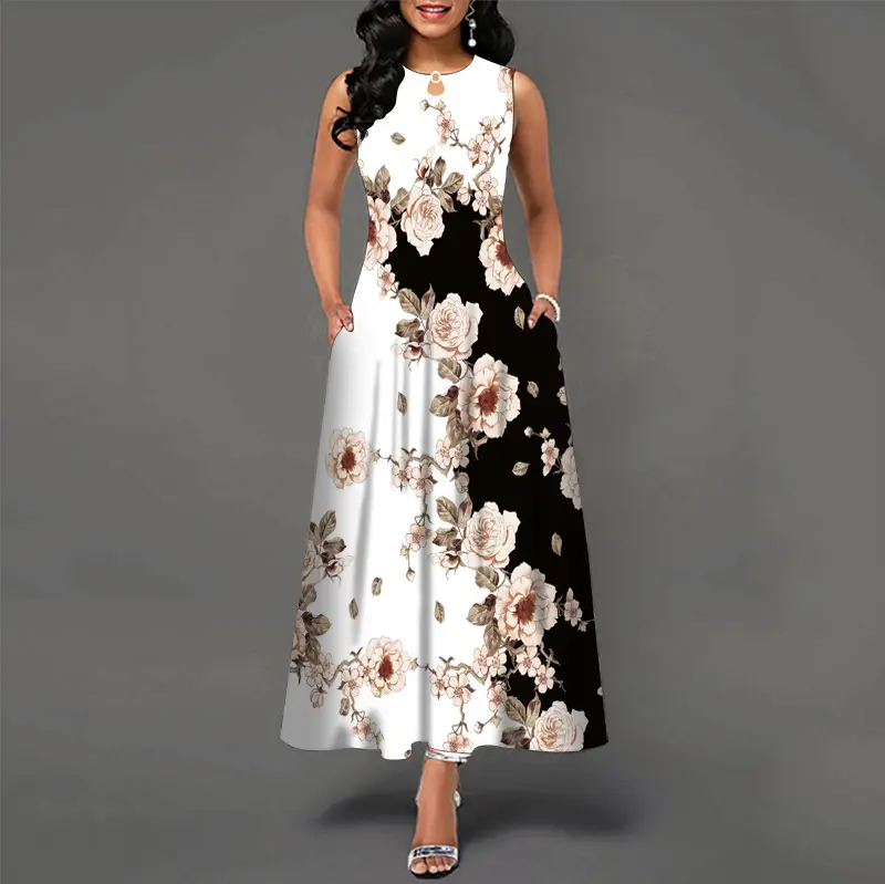 Black Digital Print Sleeveless Swing Dress for Women - Image 2