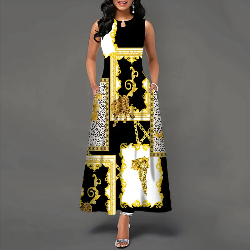 Black Digital Print Sleeveless Swing Dress for Women - Image 5