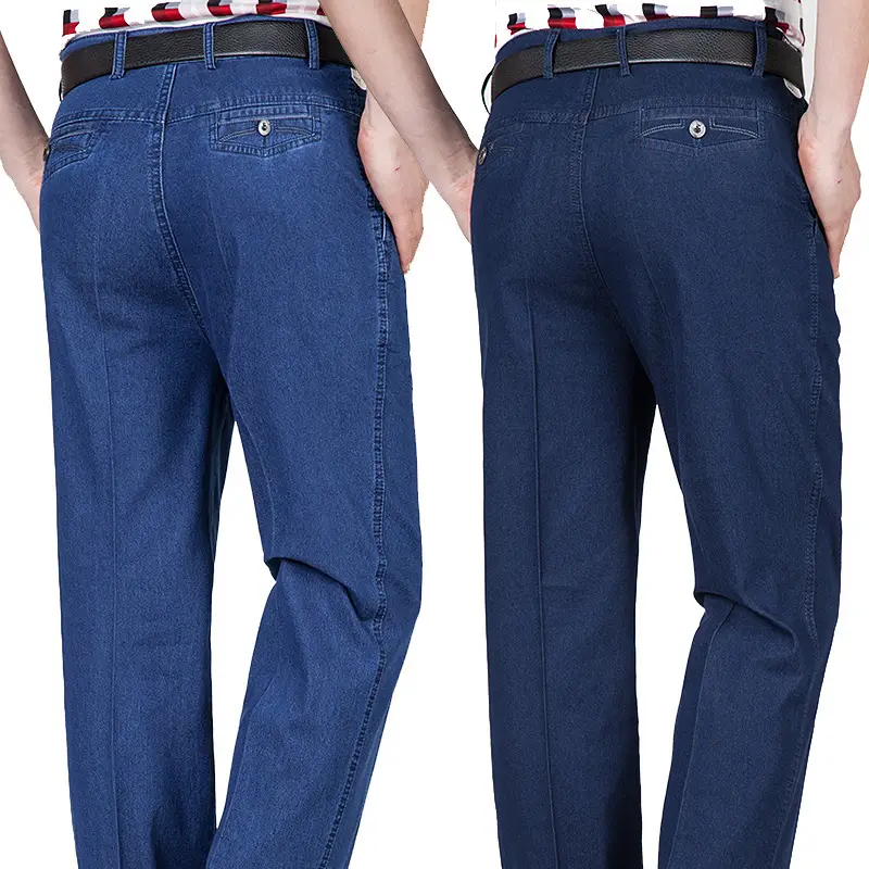 Middle-aged Men Denim Trousers Blue Medium Waist - Image 43