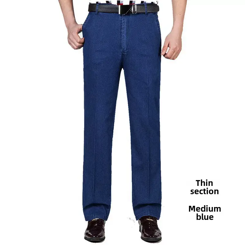 Middle-aged Men Denim Trousers Blue Medium Waist - Image 19