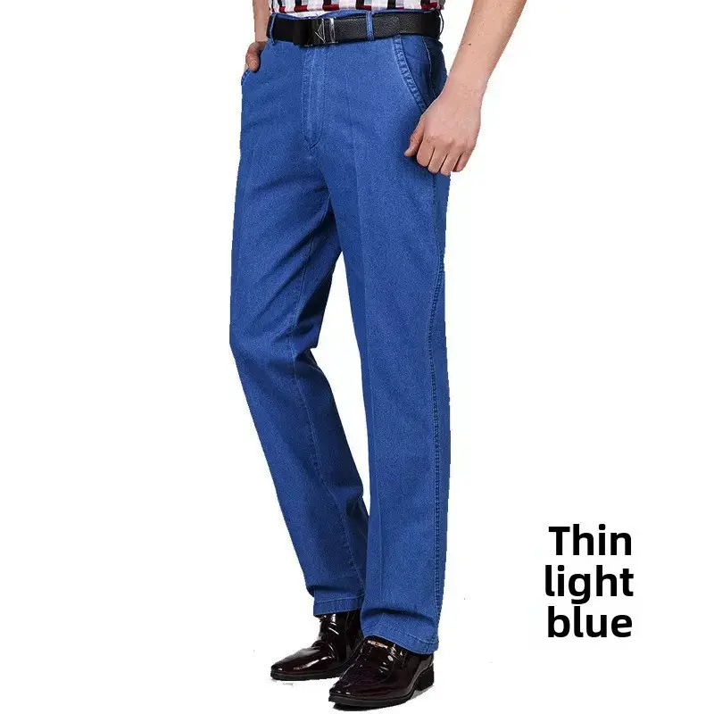 Middle-aged Men Denim Trousers Blue Medium Waist - Image 35