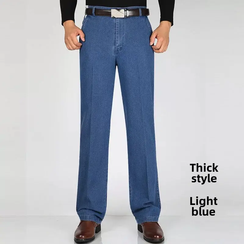 Middle-aged Men Denim Trousers Blue Medium Waist - Image 39