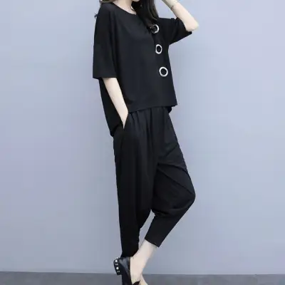 Women Plus Size Chubby Harem Pants Set Summer Loose Slim Covering T-shirt - Image 4