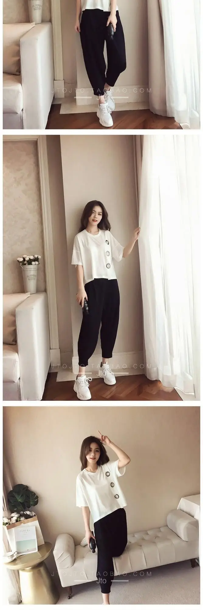 Women Plus Size Chubby Harem Pants Set Summer Loose Slim Covering T-shirt — feature 3