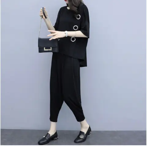 Women Plus Size Chubby Harem Pants Set Summer Loose Slim Covering T-shirt - Image 2