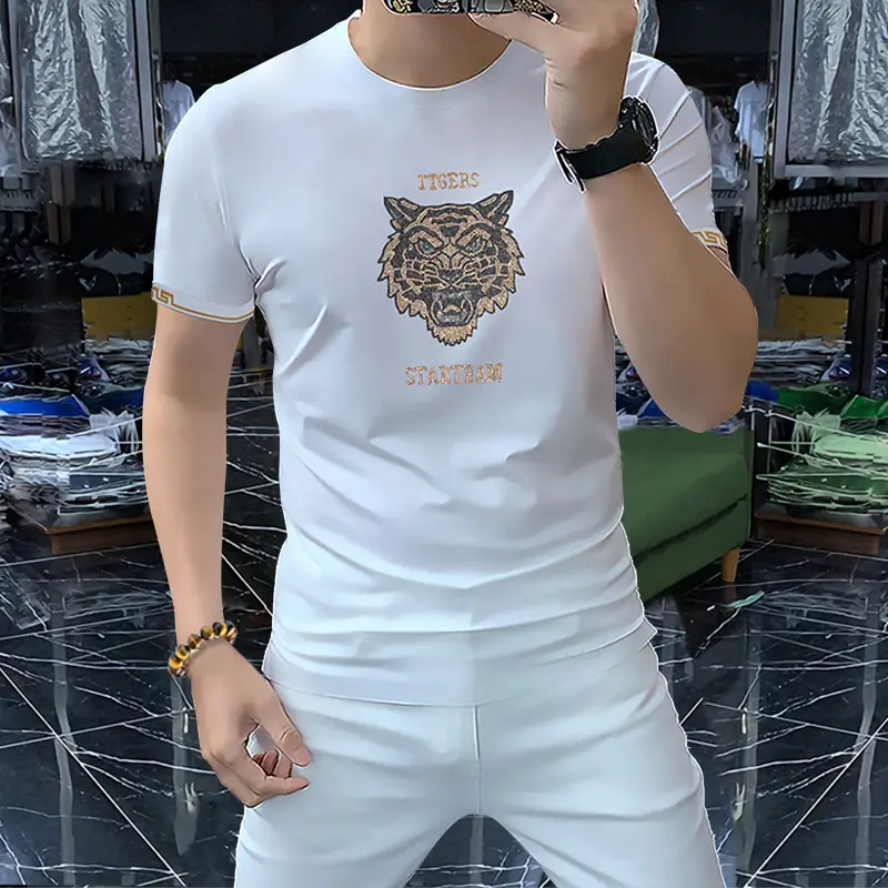 Men White Tiger Head T-Shirt with "STARTSAM" Print - Image 4
