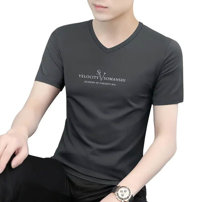 Men V-Neck Ice Silk Maroon T-Shirt XL - Image 10