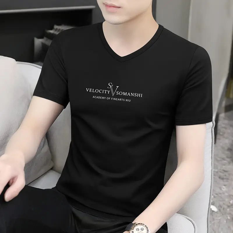 Men V-Neck Ice Silk Maroon T-Shirt XL - Image 2