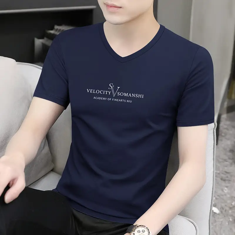 Men V-Neck Ice Silk Maroon T-Shirt XL - Image 3