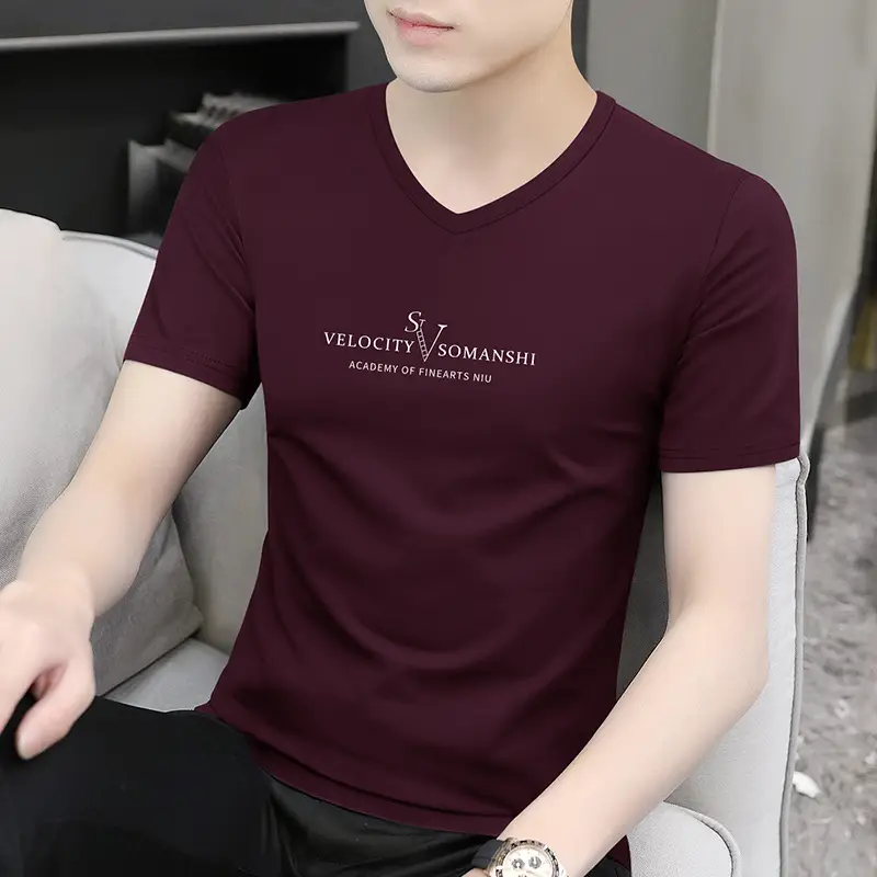 Men V-Neck Ice Silk Maroon T-Shirt XL - Image 4