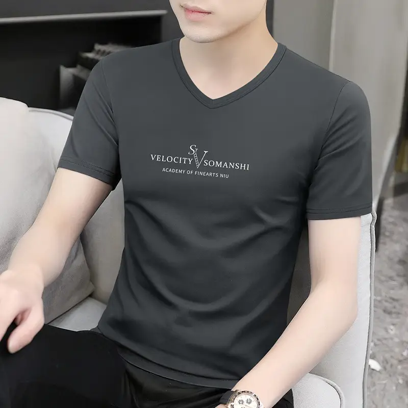Men V-Neck Ice Silk Maroon T-Shirt XL - Image 5