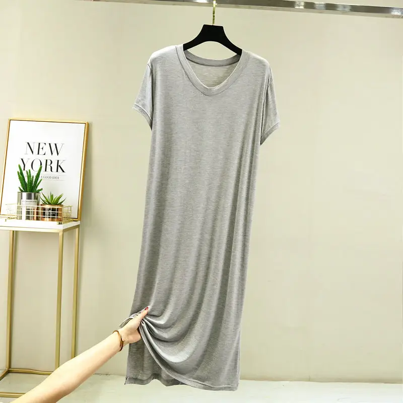 2022 Women Grey V-Neck Skirt Dress Longline Modal Cotton - Image 7
