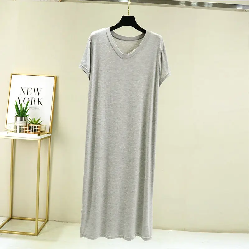 2022 Women Grey V-Neck Skirt Dress Longline Modal Cotton - Image 2