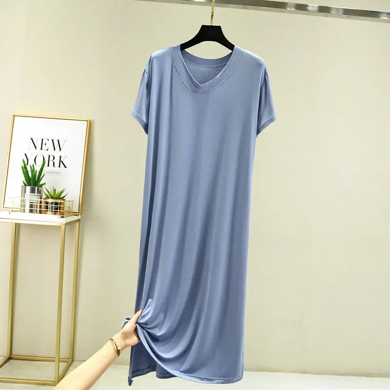 2022 Women Grey V-Neck Skirt Dress Longline Modal Cotton - Image 3