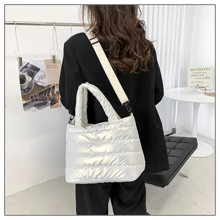Women's Embroidered Cotton Padded Shoulder Bag White 2026 — feature 34