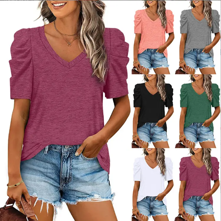2022 Green V Neck Short Sleeve T-Shirt for Women - Image 8