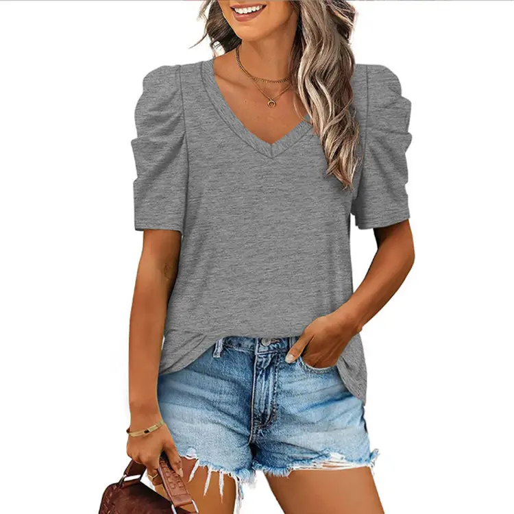 2022 Green V Neck Short Sleeve T-Shirt for Women - Image 3