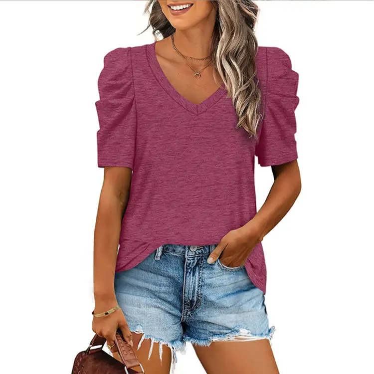 2022 Green V Neck Short Sleeve T-Shirt for Women - Image 4