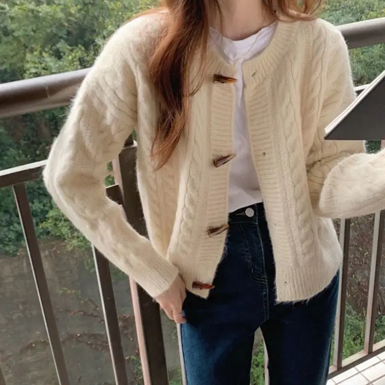 Women's Blue Knitted Horn Buckle Cardigan Coat - Image 10