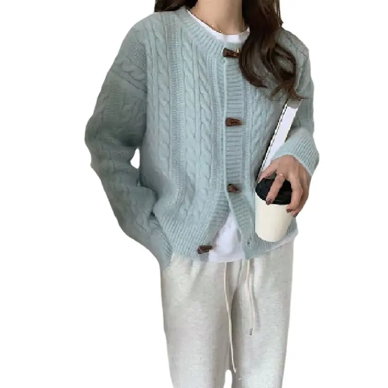 Women's Blue Knitted Horn Buckle Cardigan Coat - Image 11