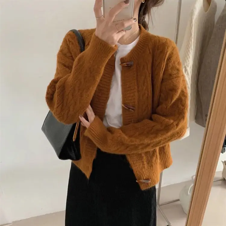 Women's Blue Knitted Horn Buckle Cardigan Coat - Image 2