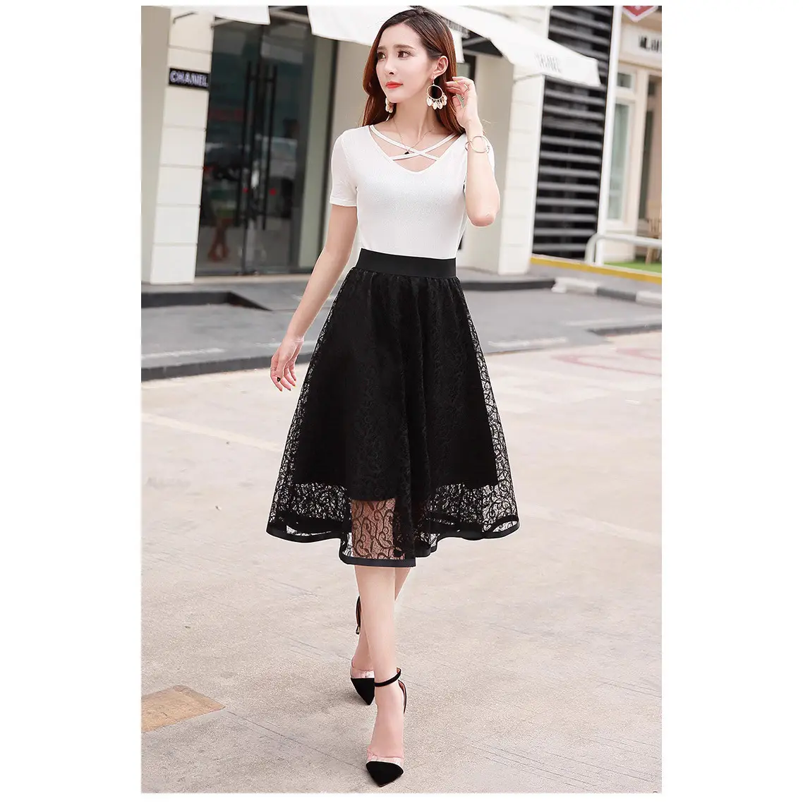 2026 Lace Mid-Length Blue Mesh Skirt with High Waist - Image 2
